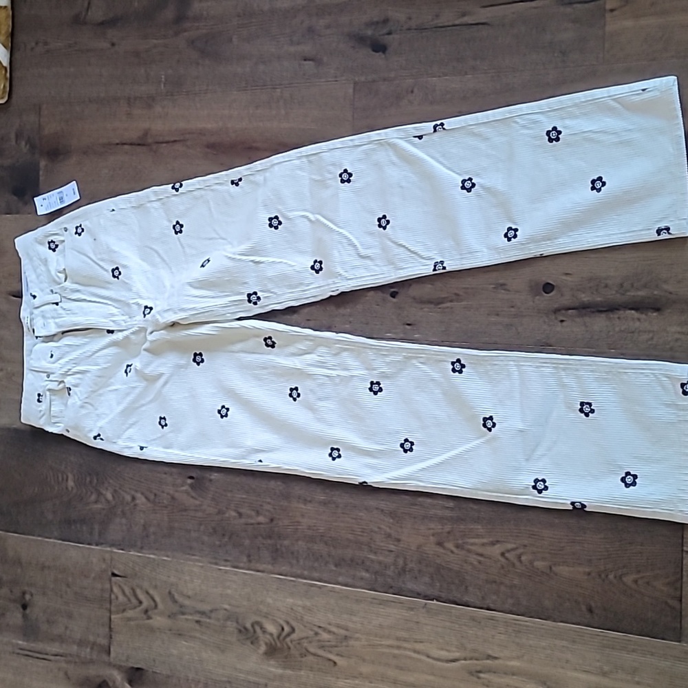 PacSun Cream Corduroy Wide-Leg Pants with Black Floral Accents